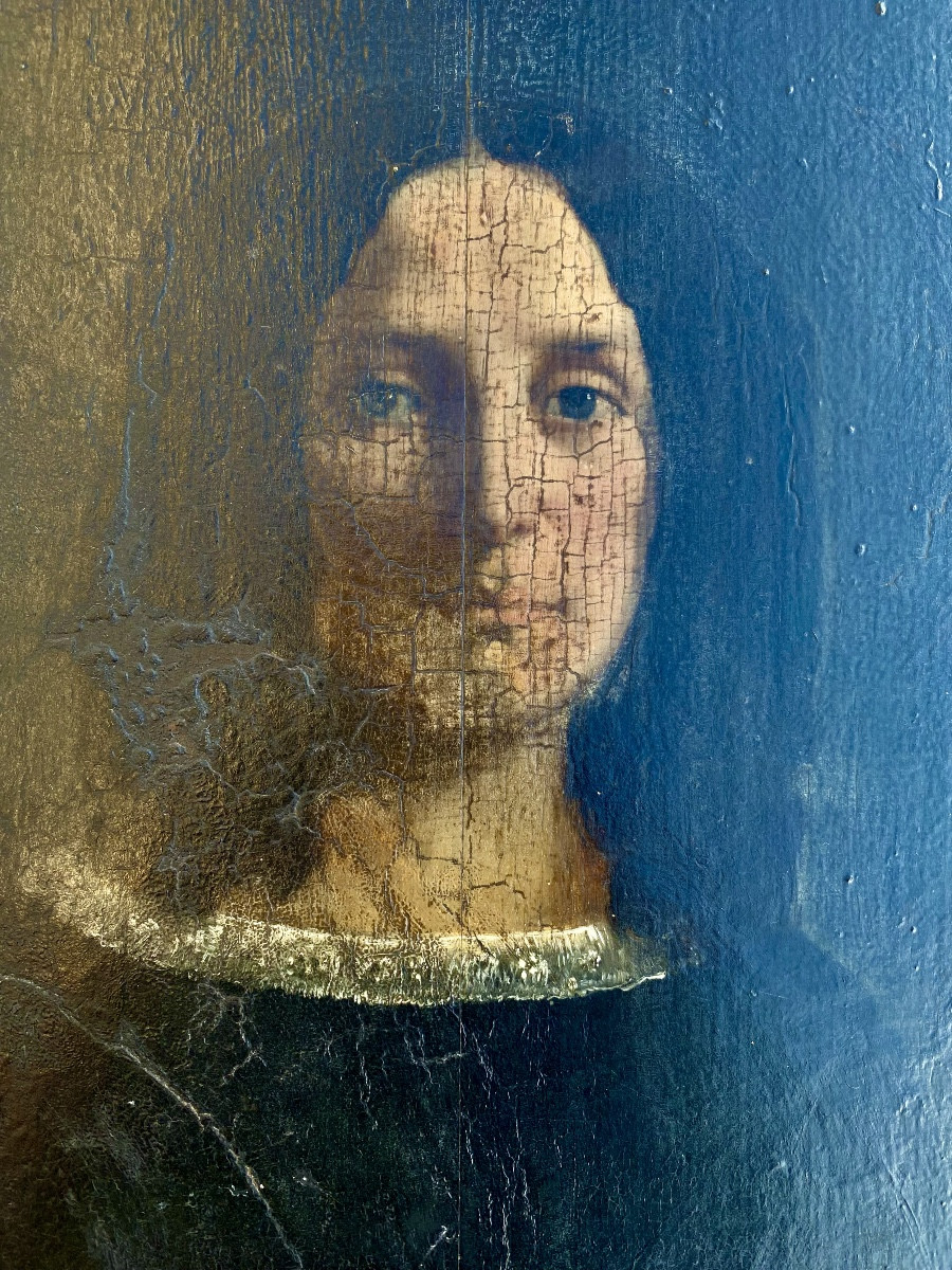 Intéressant portrait ancien belle facture  beau regard huile sur bois craquelure d'époque