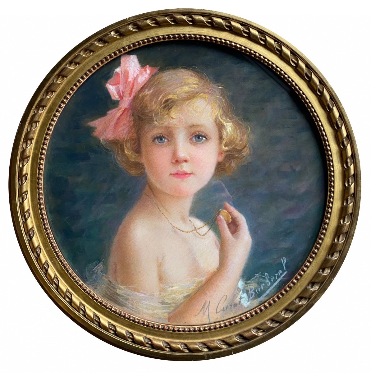 Portrait Of A Little Girl In The 19th Century, Pastel Signed Mathilde Curot-barberel