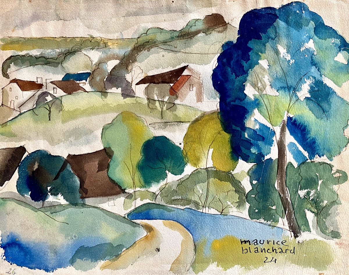Aquarelle paysage de campagne (1924) - Maurice Blanchard (1903-1969)
