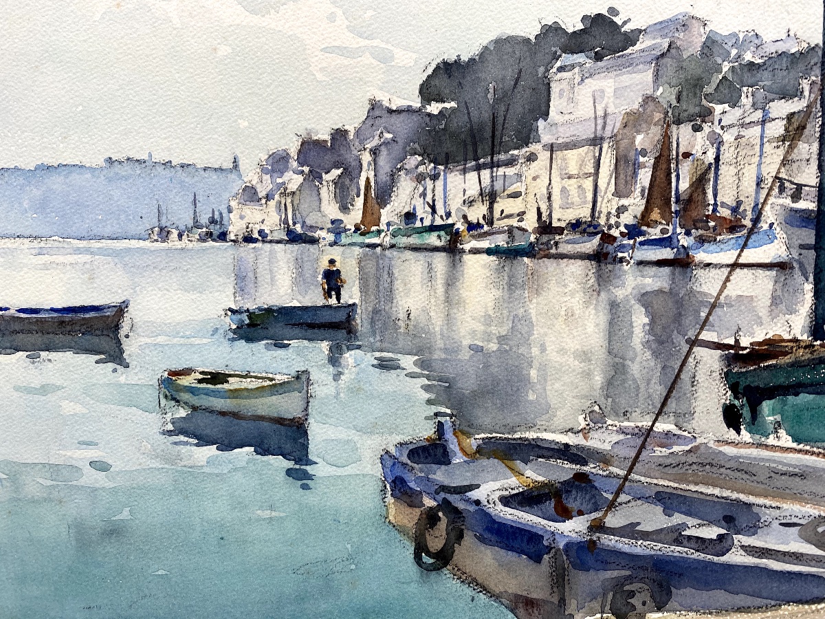 Aquarelle port d'Audierne (Bretagne) signée Henri Bouvrie-photo-3