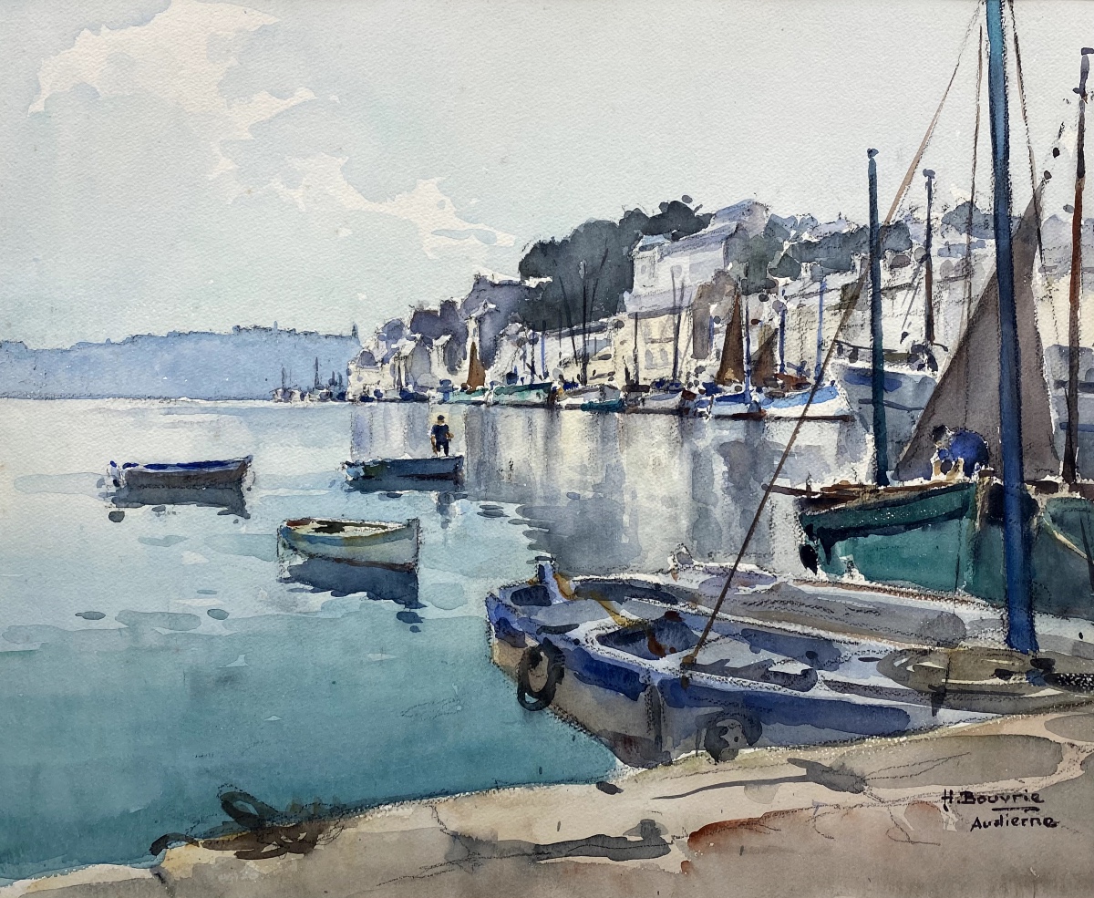 Aquarelle port d'Audierne (Bretagne) signée Henri Bouvrie