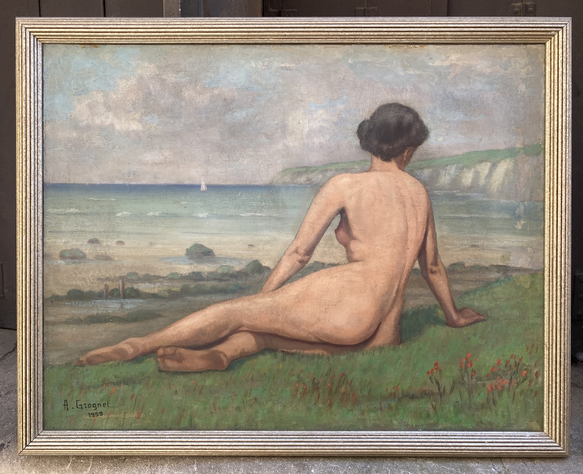Oil On Canvas Portrait Of A Nude Woman By The Sea, Dated 1950, Signed A. Grognet, 65x54cm