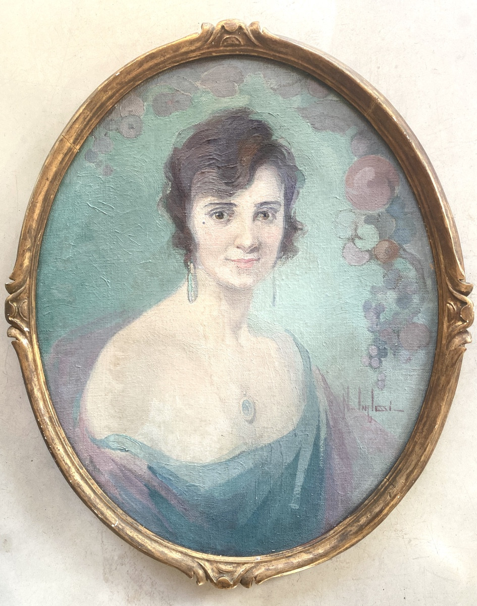 Oil On Canvas Art Nouveau Art Deco Portrait Of A Woman By Noëlle Inglessi Circa 1920 Signed