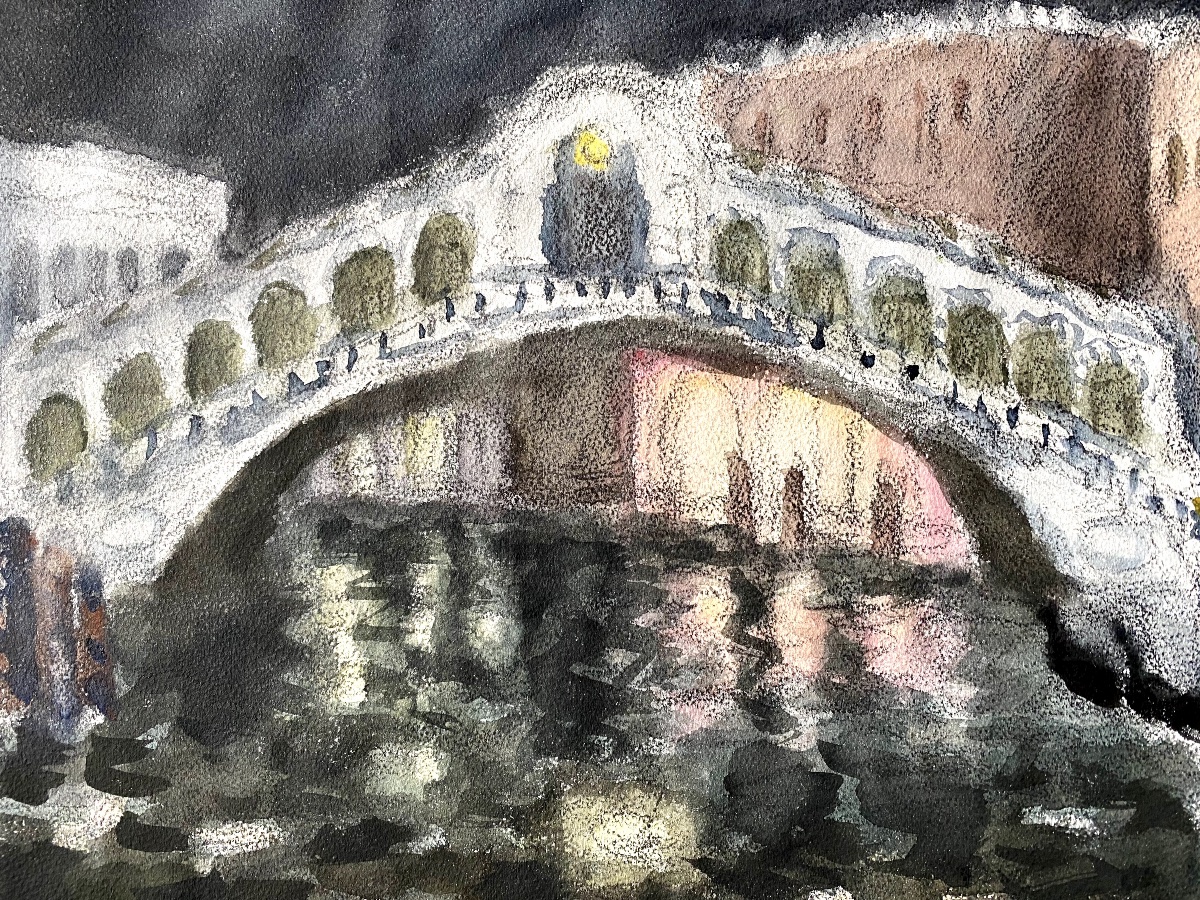 The Rialto Bridge (venice) - Watercolor And Gouache On Paper (1966) Signed Michel Terrasse-photo-2