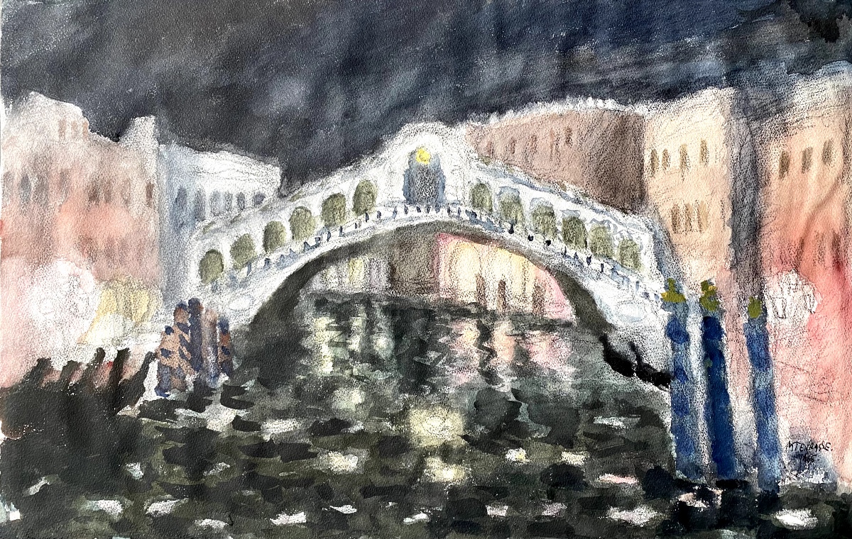 The Rialto Bridge (venice) - Watercolor And Gouache On Paper (1966) Signed Michel Terrasse