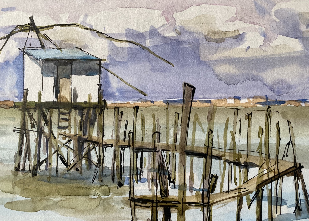 Watercolor Pêcherie De St-brévin (mindin) In 1979 Signed Pierre Neveu (1929-2025)-photo-2