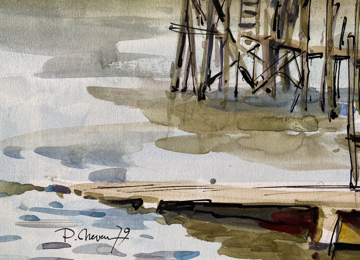 Watercolor Pêcherie De St-brévin (mindin) In 1979 Signed Pierre Neveu (1929-2025)-photo-3