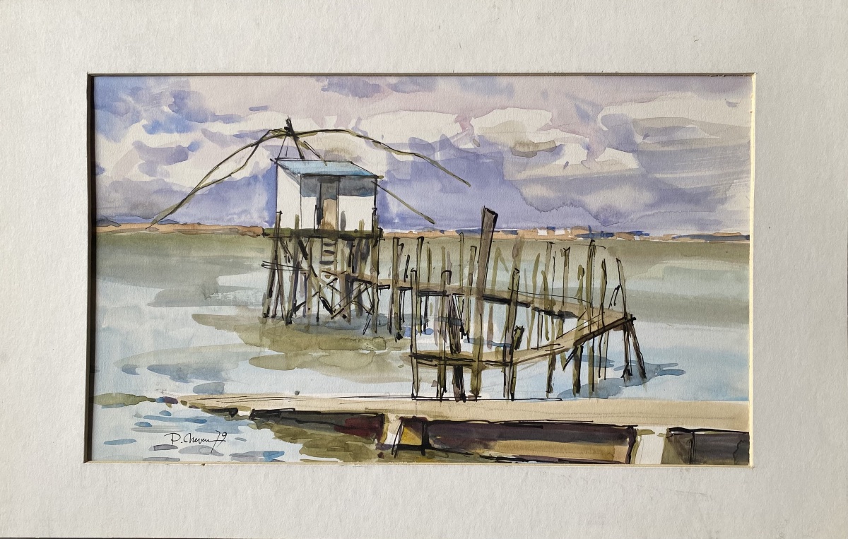 Watercolor Pêcherie De St-brévin (mindin) In 1979 Signed Pierre Neveu (1929-2025)-photo-4
