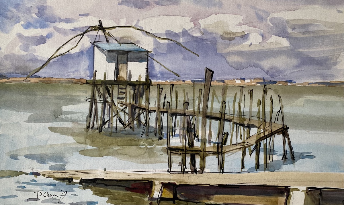 Watercolor Pêcherie De St-brévin (mindin) In 1979 Signed Pierre Neveu (1929-2025)
