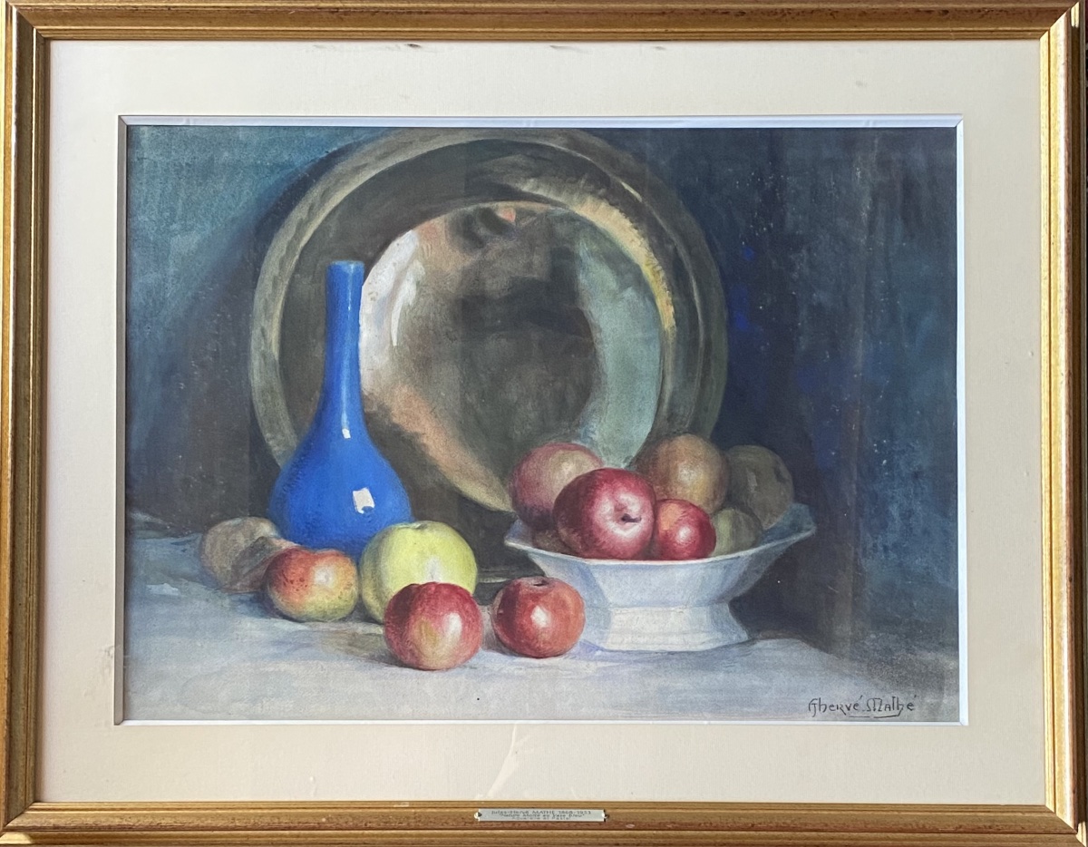 Nature morte au vase bleu - aquarelle et pastel signée Jules Hervé-Mathé (1868-1953)