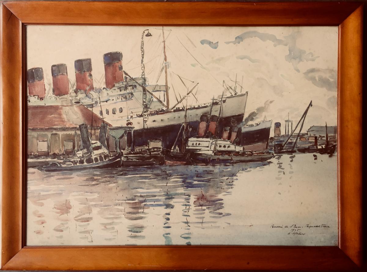 Grande Aquarelle Le Paquebot France Par Albert Lepreux 1868-1959