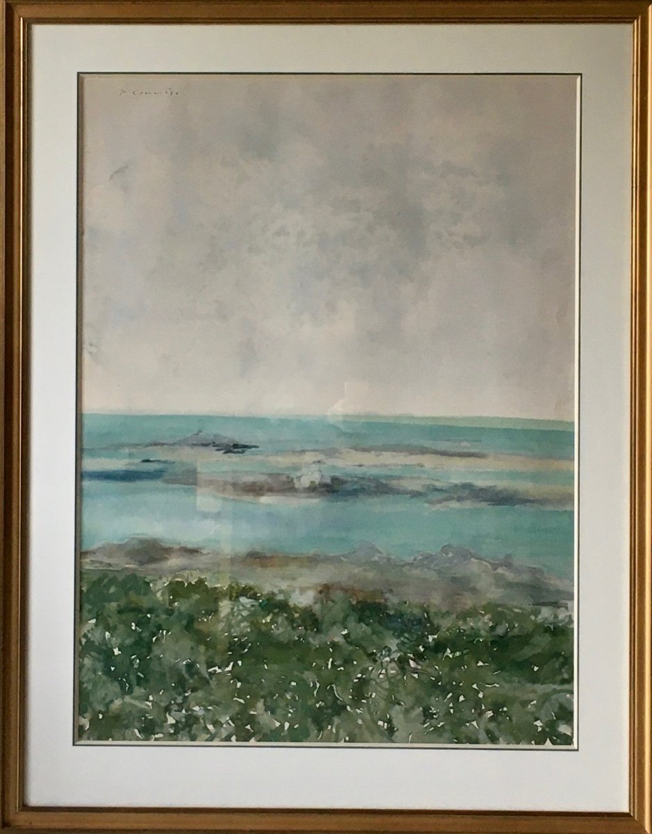 Large Watercolor By Jean Commere Iles De Chausey 96 X 72 Cm