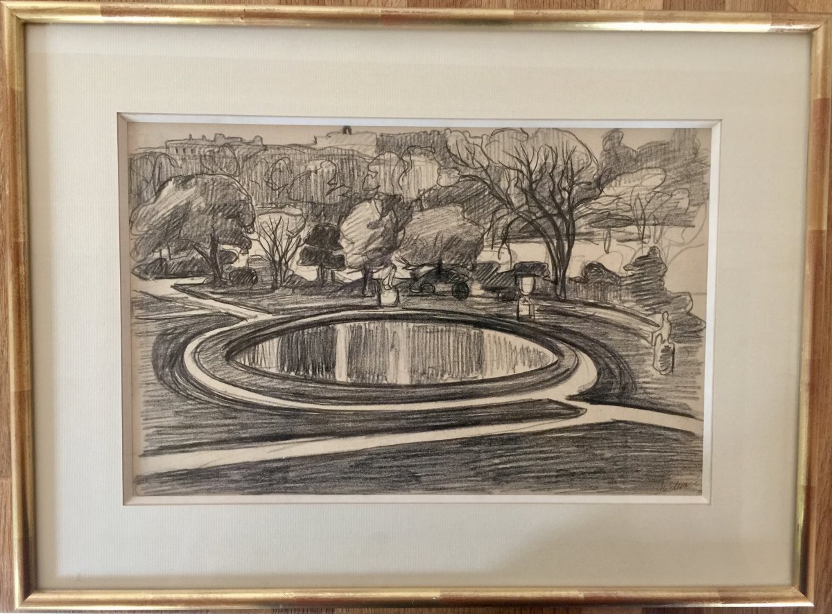 Jean Peské Dessin Paris Vue Du Jardin Des Tuileries Titre En Bas à Droite 34cm X 22 Cm