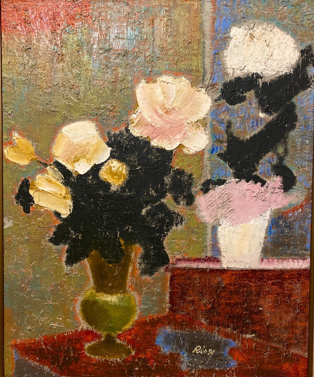 Deux Bouquets De Fleurs Huile Sur Toile De Ernest Risse 1921 2003-photo-4