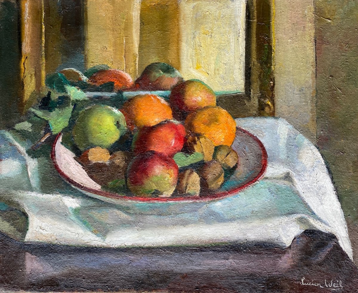 Huile Sur Toile De Lucien Weil 1903 1963 - Nature Morte aux fruits et reflet 