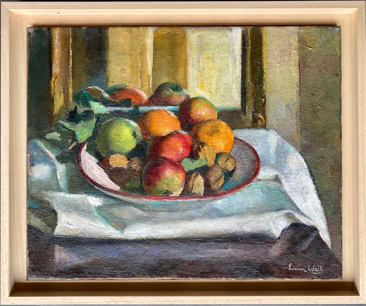 Huile Sur Toile De Lucien Weil 1903 1963 - Nature Morte aux fruits et reflet 