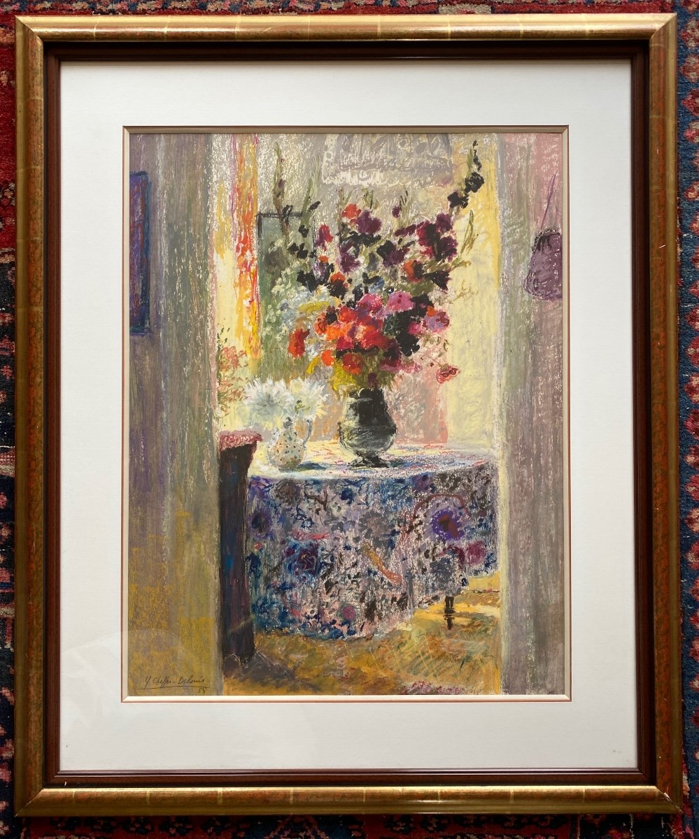 Yvonne Cheffer Delouis 1910 - 2003 Interior Scene With A Bouquet Of Flowers-photo-2