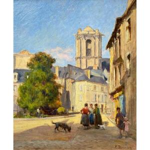 Oil On Hardboard By Edmond Quinton 1892-1959 Le Mans Square Dubois And Cathedral Circa 1940