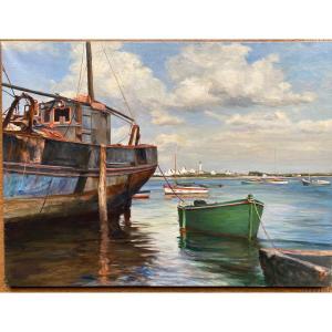 Vue d'Un Port En Bretagne Huile Sur Toile Edmond Daynes 1895 - 1986 81x60 Cm