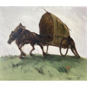 Louis Rollet 1895 - 1988 - Cheval Et Homme à La Cariole Sous Le Vent Huile Sur Isorel 53x61 Cm