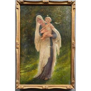 "virgin And Child" Beautiful Oil On Panel By Lionel Royer 1852 - 1926 Signed Lower Right