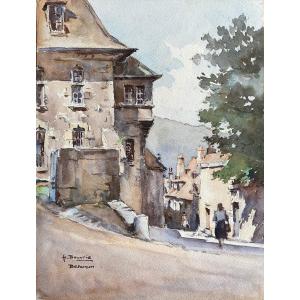 Aquarelle Scène De Rue  Besançon Circa Première Moitié XXème Du Peintre Henri Bouvrie 1896-1973