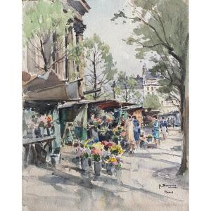 Paris The Flower Market Place De La Madeleine Watercolor By Painter Henri Bouvrie 1896-1973