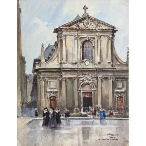 Paris Basilique Notre Dame Des Victoires Work Of The Watercolorist Henri Bouvrie 1896 1973
