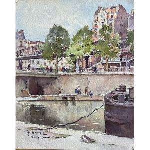 Paris Vue Du Canal Saint Martin Et Du Métro Aérien Aquarelle d'Henri Bouvrie 1896 1973