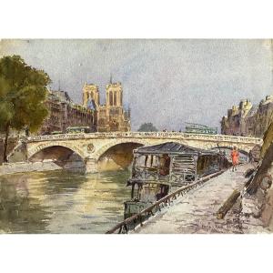 View Of Paris Le Pont Saint Michel - Notre Dame - Watercolor 45.5 X 33 Cm By Henri Bouvrie 1896 1973