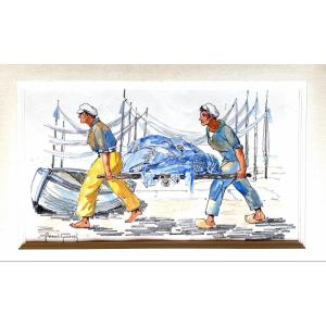 Raoul Guinet 19th-20th Marine At La Turballe "drying The Nets" 31 Cm X 19cm At Sight