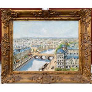 View Of Paris Painted From The Top Of Notre Dame De Paris Oil On Canvas 1950-60 Illegible Signature