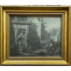 Ink Wash Market In Old Rouen? By Polyclès Langlois Du Pont De l'Arche 1814 1872
