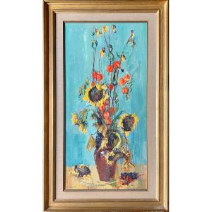 Grande Huile Sur Toile De Paul Girol 1911 1988 Bouquet De Fleurs Soleils Séchés Et Physallis