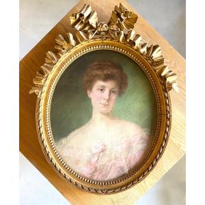 Portrait Of A Young Woman In A Pink Dress - Pastel Signed Marie Laforge (1865-1942)
