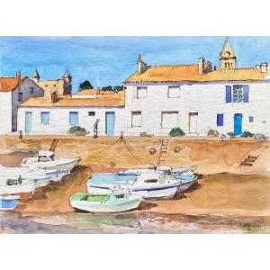 Watercolor Noirmoutier Port - Cassard Quay By Pierre Neveu Born In 1929 - ? 32x24 Cm