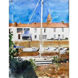 Port Of Noirmoutier Quai Cassard Watercolor By Pierre Neveu Born In 1929 - ? - Signed Lower Right