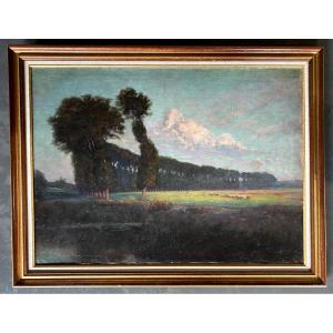 Grande huile sur toile - Paysage de campagne (1904) - Jules Alfred Hervé-Mathé (1868-1953)