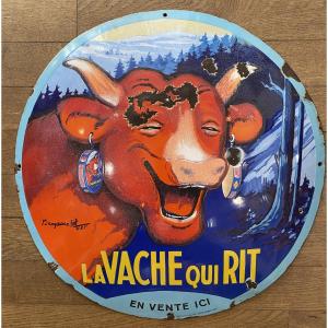 The Laughing Cow Round Domed Enamel Plaque 49 Cm Benjamin Rabier 1864-1939 Visible Chips
