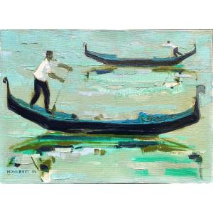 Venice The Gondoliers Signed Dated 1959 Oil On Canvas By Jean Monneret 1922-2025 33 Cm X 24 Cm