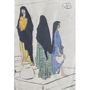 Orientalist Ink Drawing, 1920s, Monogram Rb