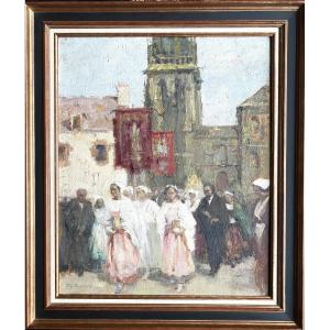 Grande Huile sur toile de Théodore BOULARD  1887 1961 - 73 x60 cm  Eglise de Locronan Finistere