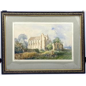 Watercolor Of The Breuil-benoît Abbey, Late 19th Century (original Napoleon III Frame)