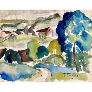 Aquarelle paysage de campagne (1924) - Maurice Blanchard (1903-1969)