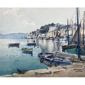 Aquarelle port d'Audierne (Bretagne) signée Henri Bouvrie