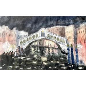 Le pont du Rialto (Venise) - aquarelle et gouache sur papier (1966) signée Michel Terrasse