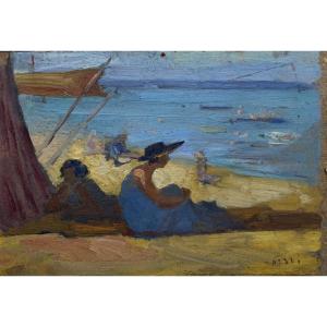 Pochade scène de plage (Arcachon) - Théodore Boulard (1887-1961)