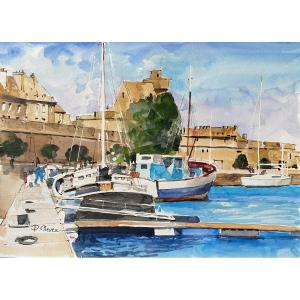 Watercolor Saint-malo Signed Pierre Neveu (1929-2025)