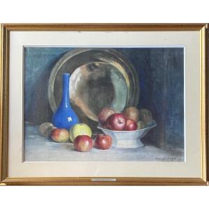 Nature morte au vase bleu - aquarelle et pastel signée Jules Hervé-Mathé (1868-1953)