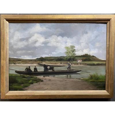 Bac de traversée par barque   Signée Ch Sicard ?  Circa 19-20ème Beau Format 92,5X65cm